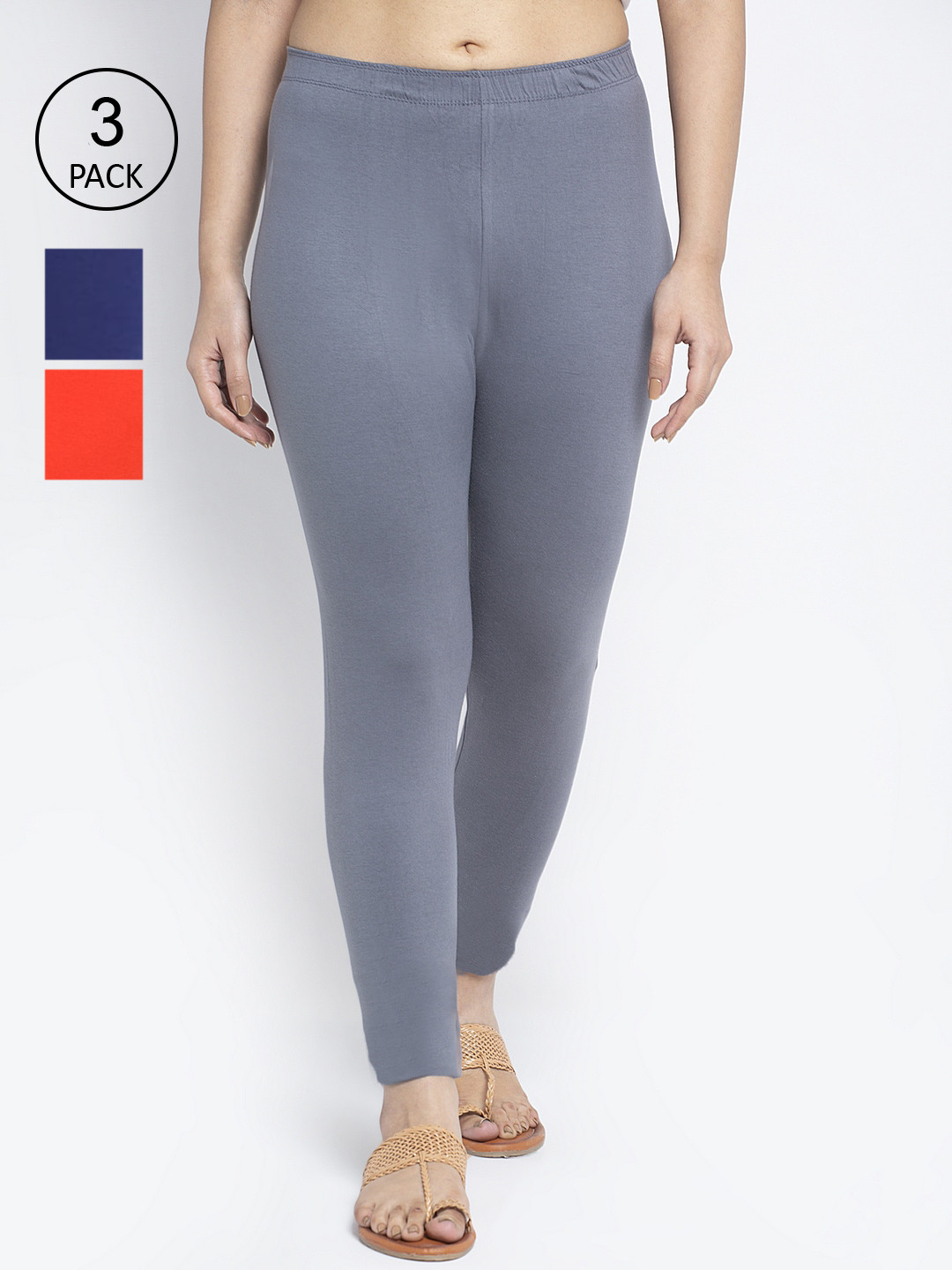 GRACIT Women Pack Of 3 Grey & Blue Solid Ankle-Length Leggings