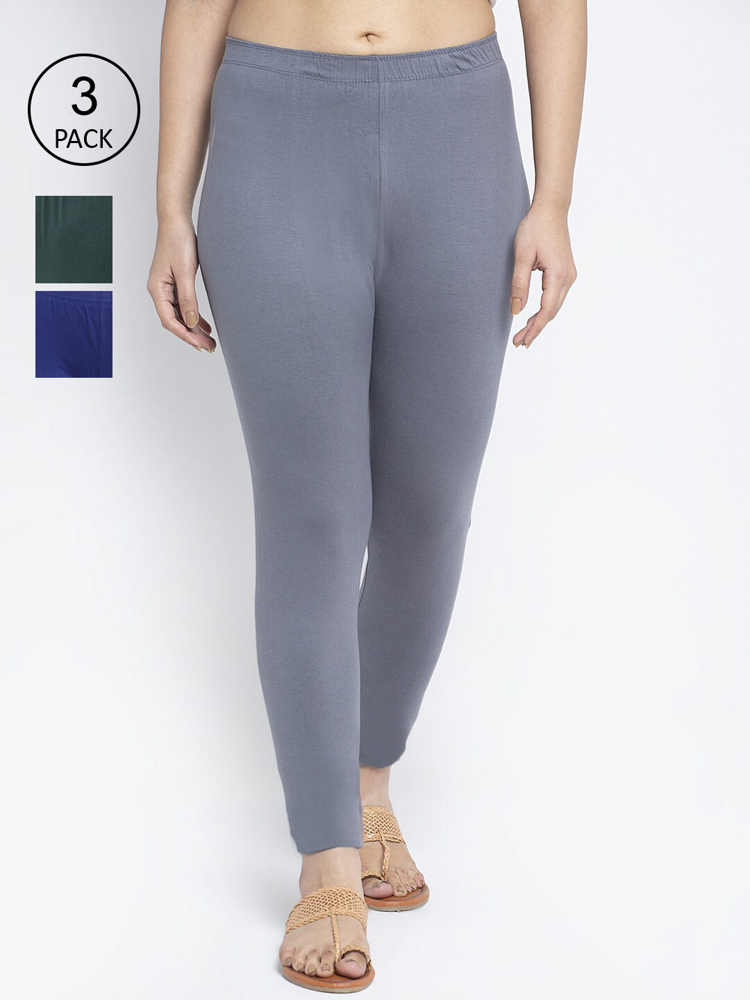 GRACIT Women Pack Of 3 Grey & Blue Solid Ankle-Length Leggings