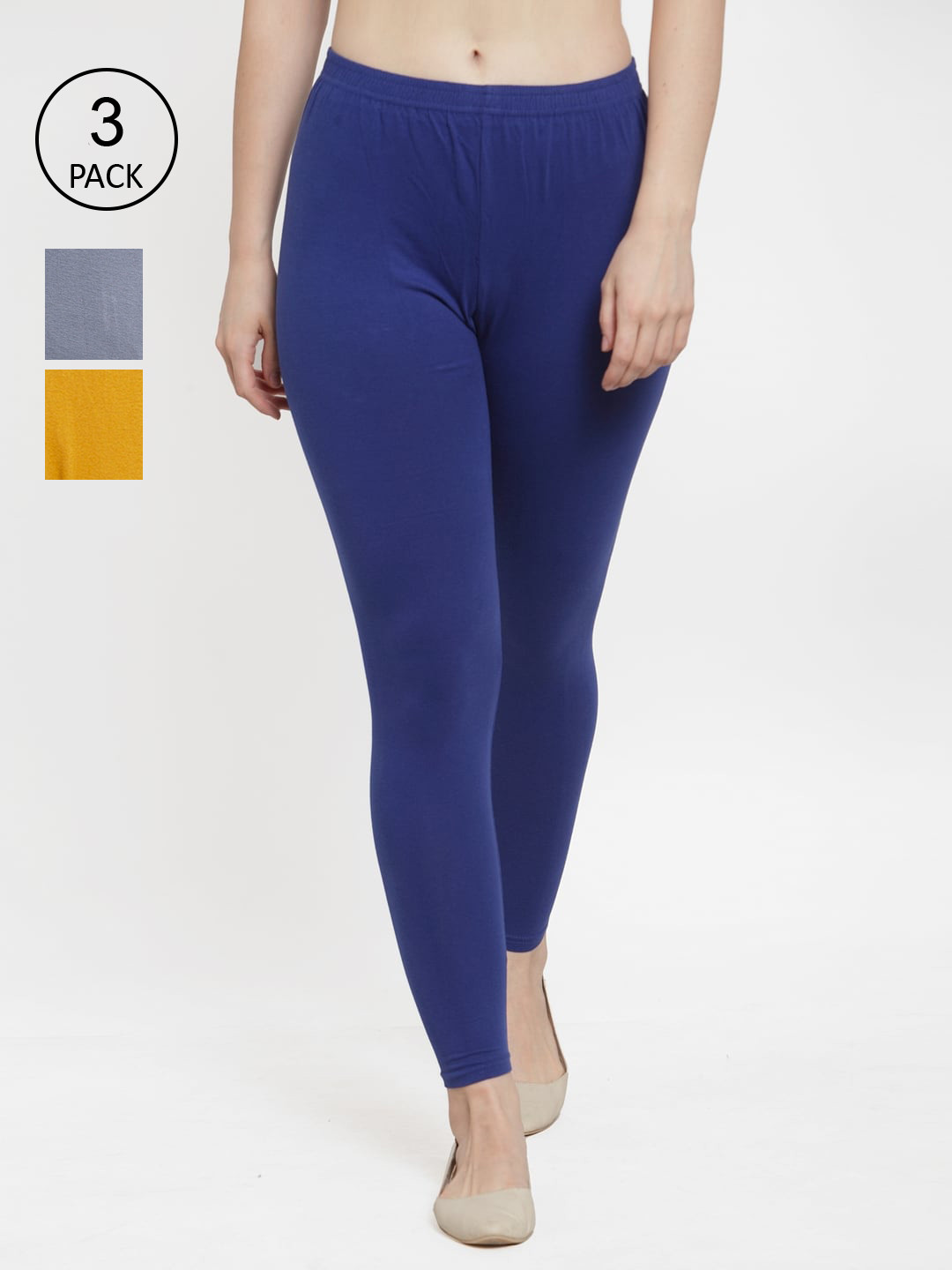 GRACIT Women Pack Of 3 Grey & Blue Solid Ankle-Length Leggings