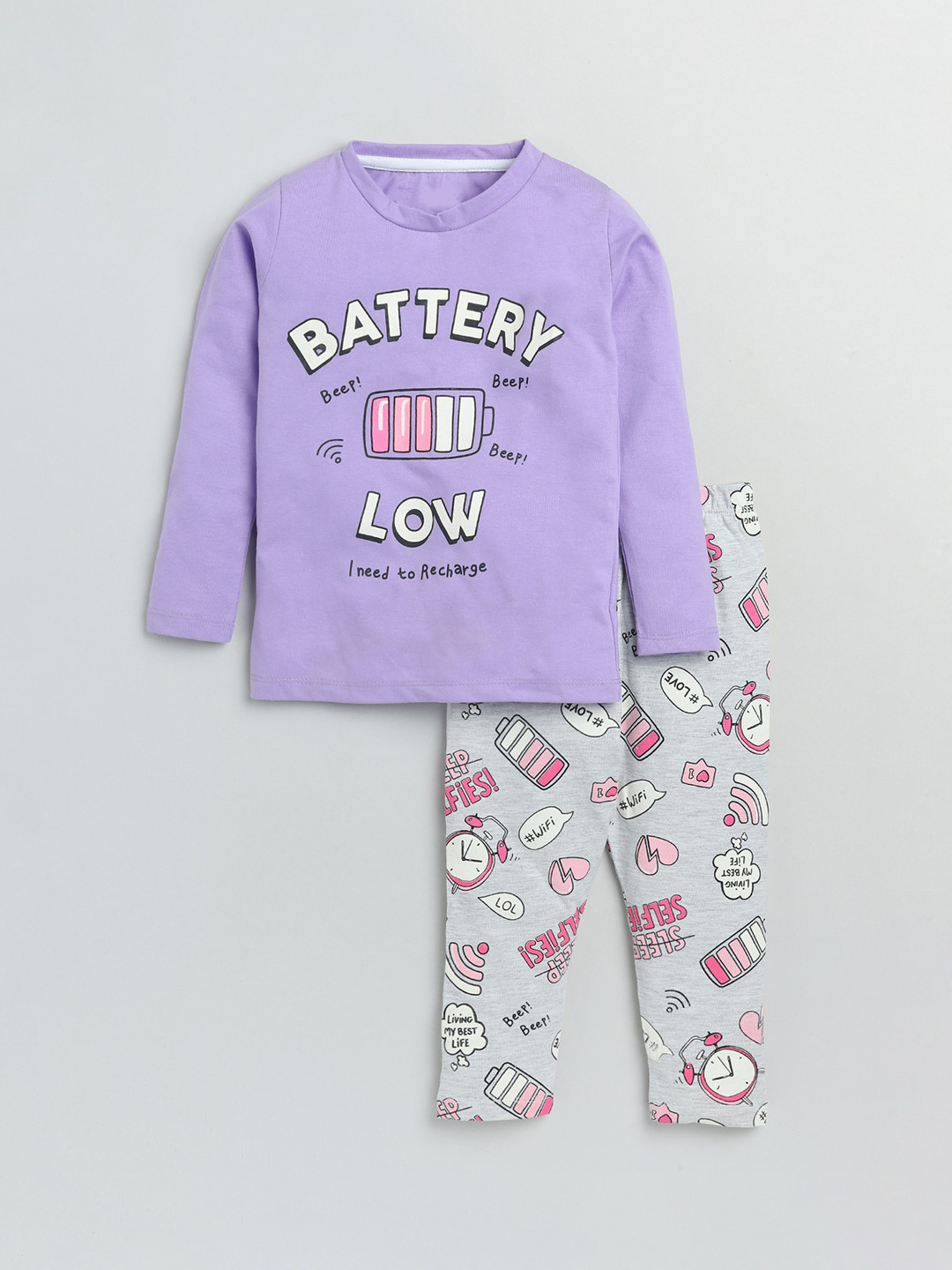 YK Girls Purple & Grey Printed Pure Cotton Night suit