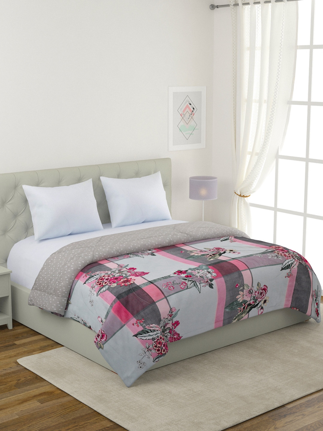 ROMEE Grey & Pink Cotton Floral Mild Winter Double Bed Comforter