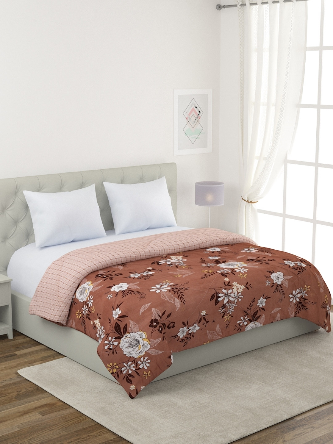 ROMEE Brown & White Cotton Floral Mild Winter Double Bed Comforter