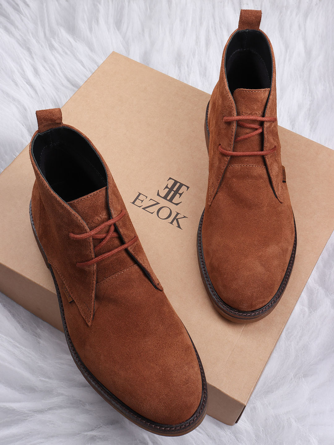 EZOK Men Camel Brown Mid-Top Leather Boots