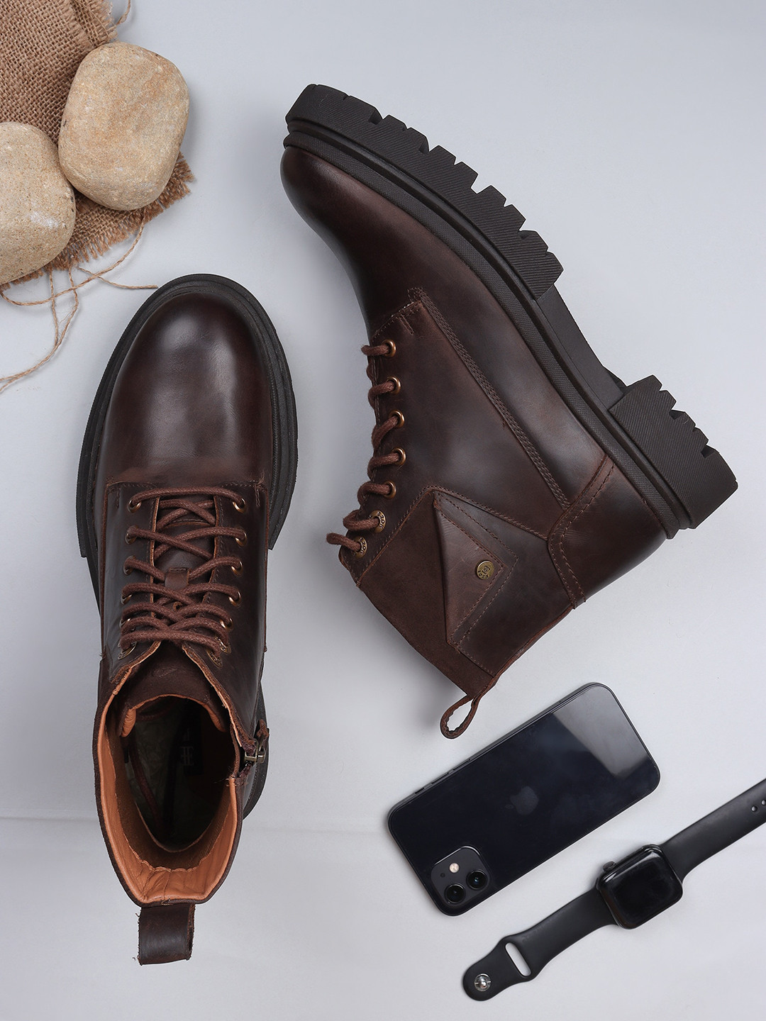 EZOK Men Brown Mid-Top Leather Boots