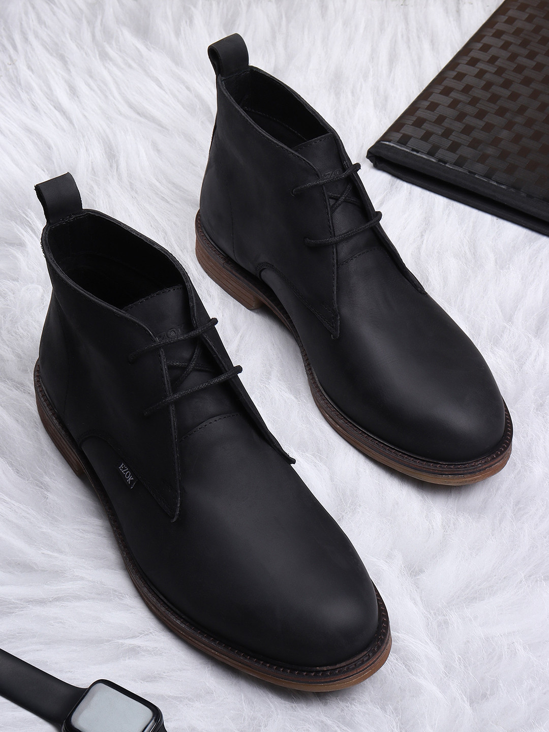 EZOK Men Black Leather Lace-up Chelsea Boots