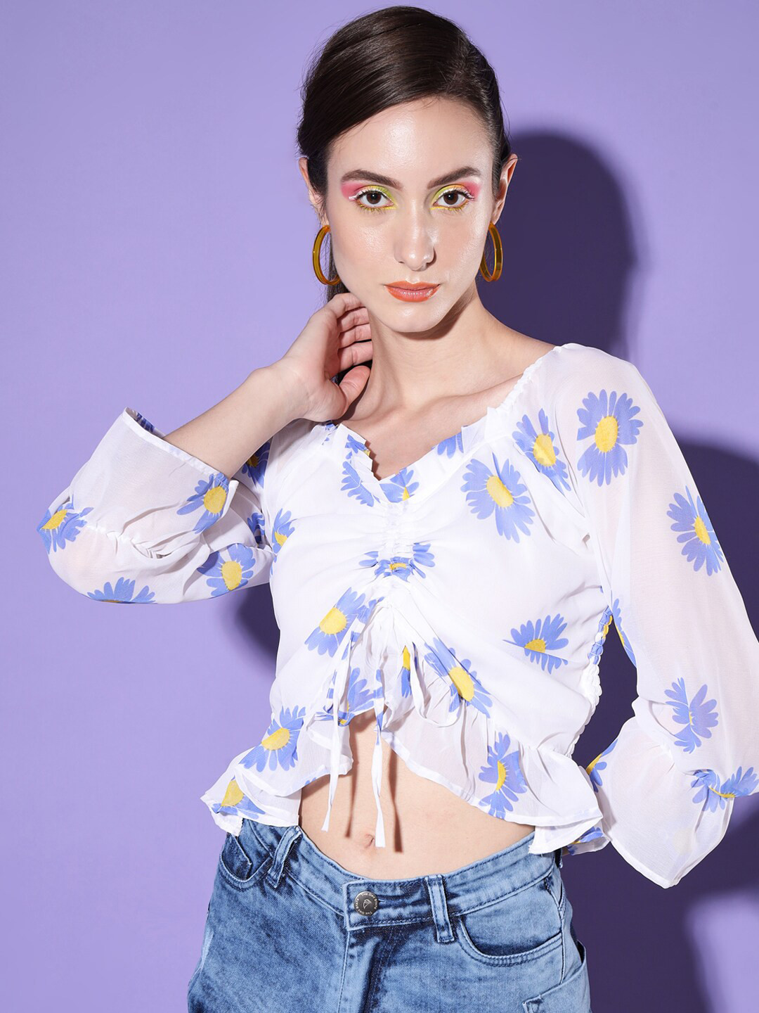BUY NEW TREND Blue Floral Printed Georgette Crop Top