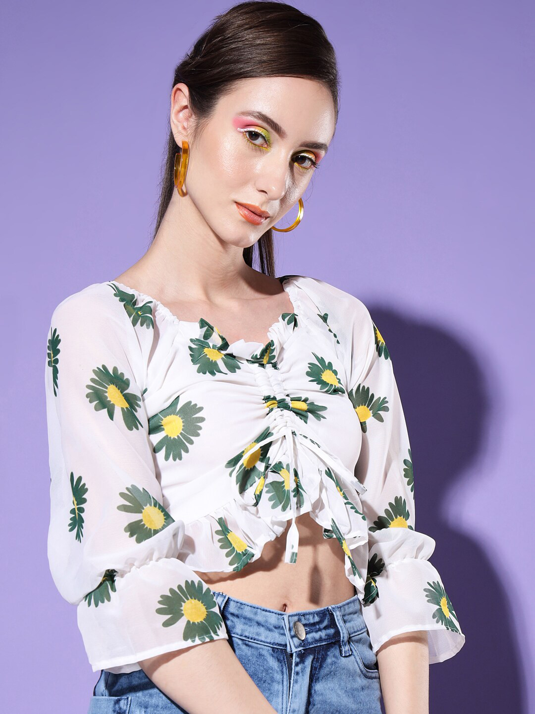BUY NEW TREND White & Green Floral Printed Georgette Crop Top