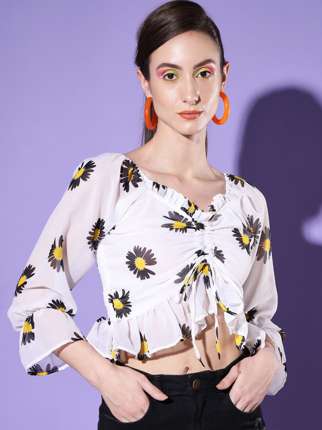 BUY NEW TREND White & Black Floral Printed Georgette Blouson Crop Top