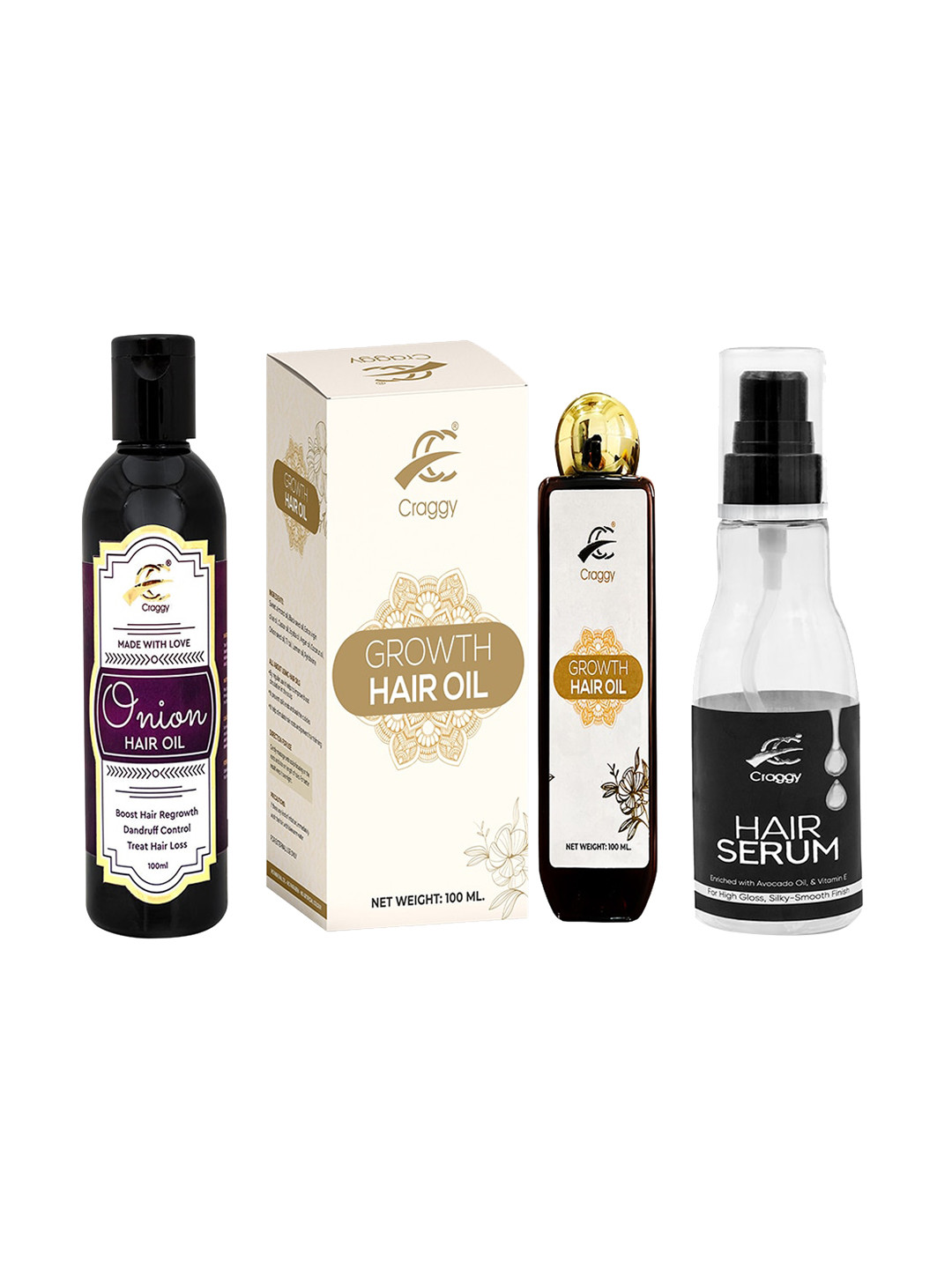 Craggy Cosmetic Unisex Pack of 3 Onion Hair Oil With Growth Hair Oil & Hair Serum