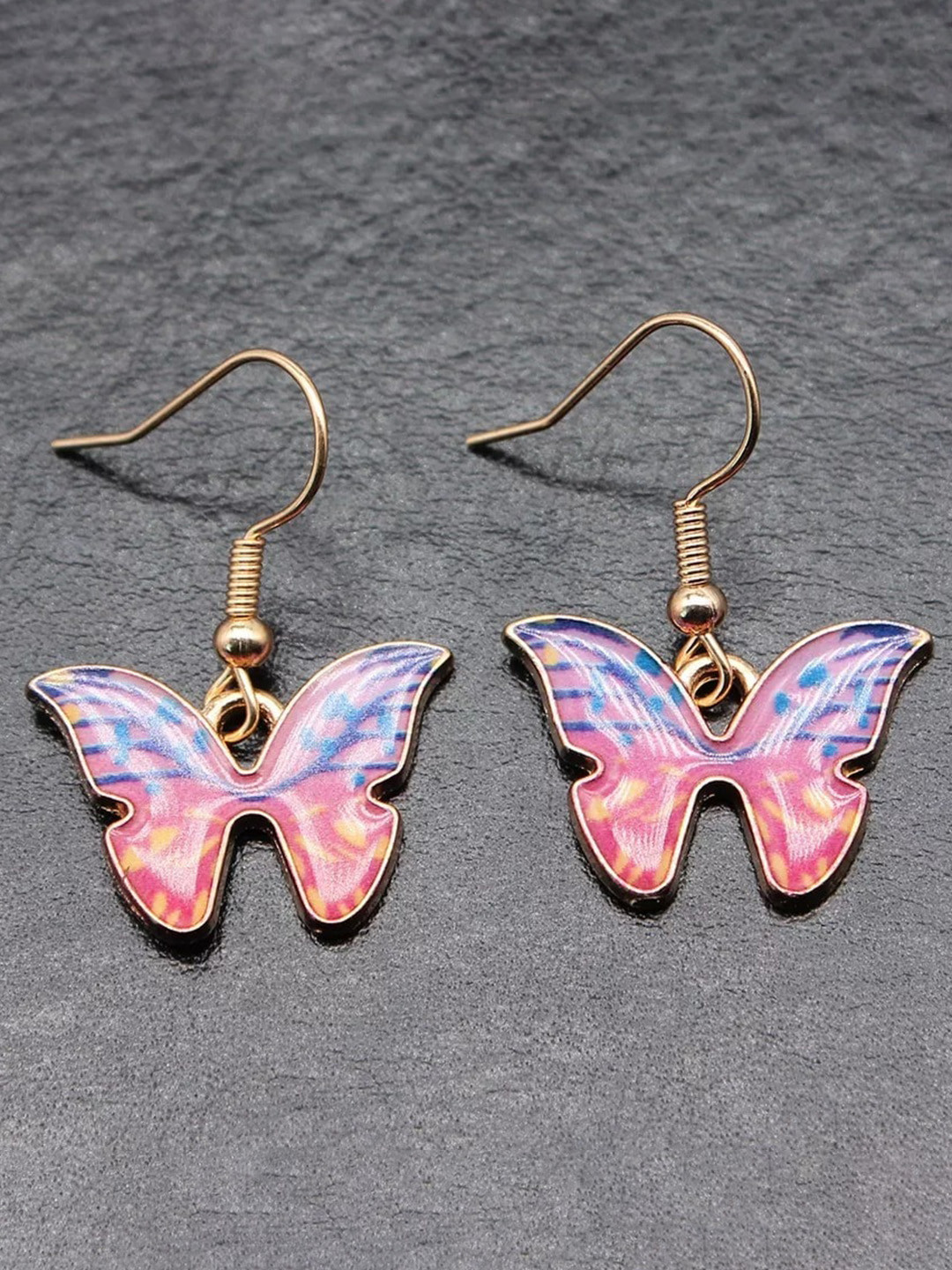 Pinapes  Pack Of 2 Gold Plated Pink & Sea Green Butter Fly Drop Earrings
