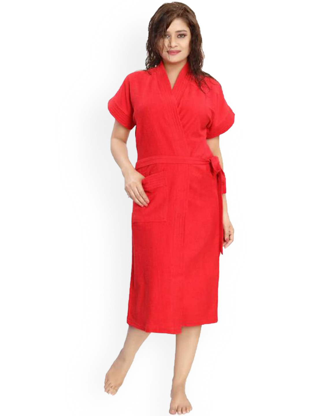 POORAK Red Solid Cotton Drawstring Knee Length Bath Robe