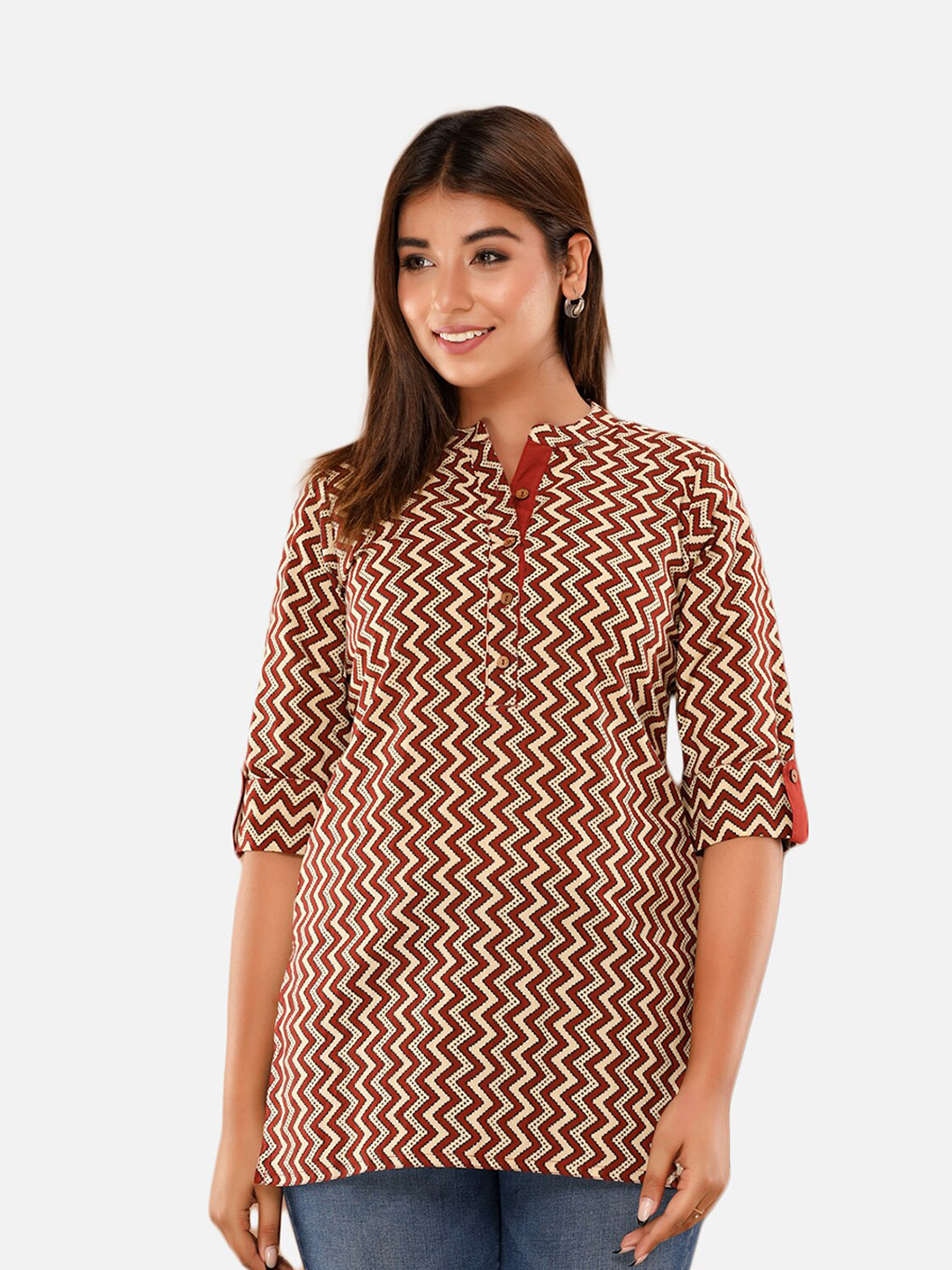 Saart Bunaai Beige & Red Mandarin Collar Printed Tunic