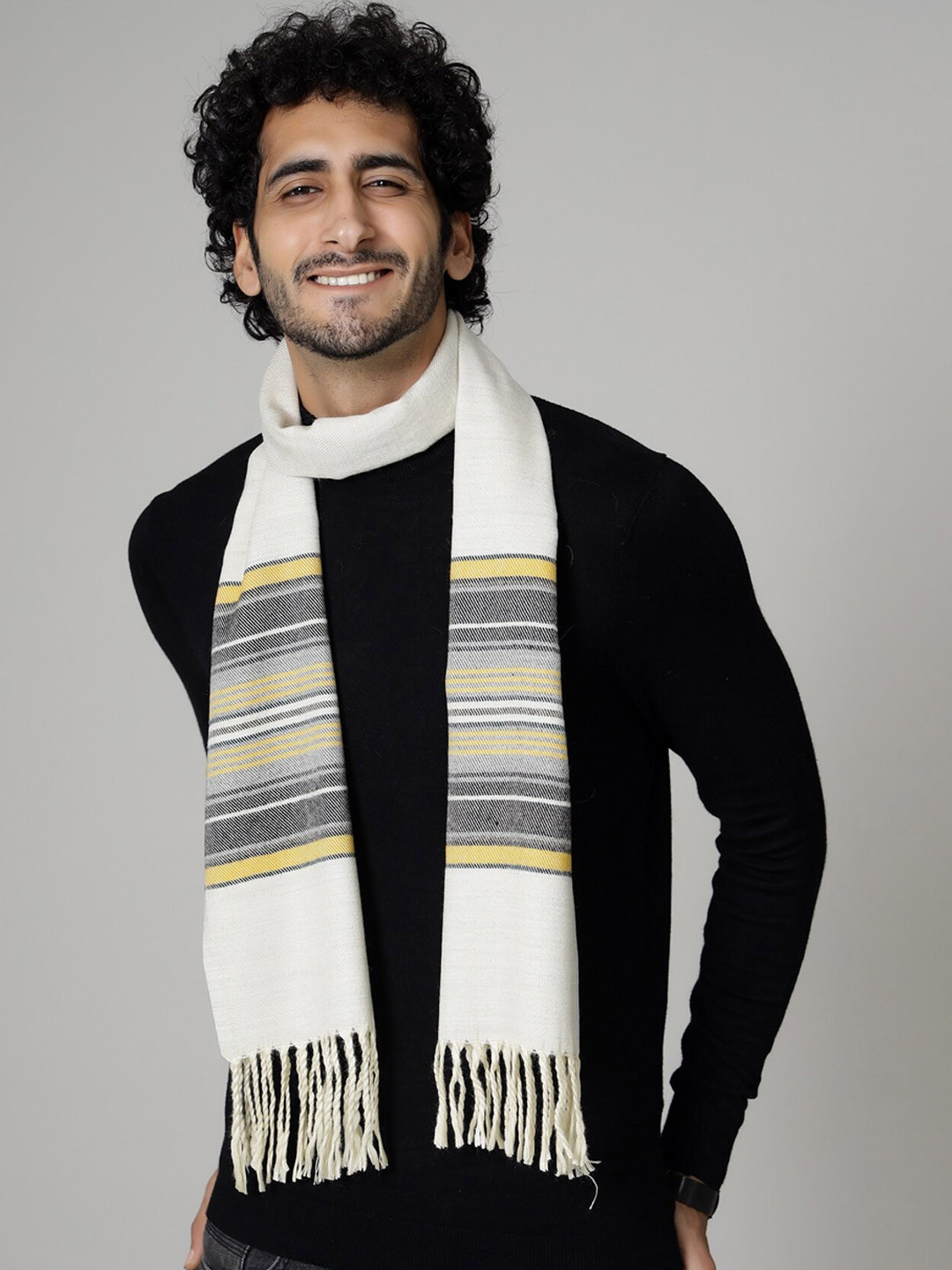 HANDICRAFT PALACE Men White & Yellow Striped Design Wool Muffler