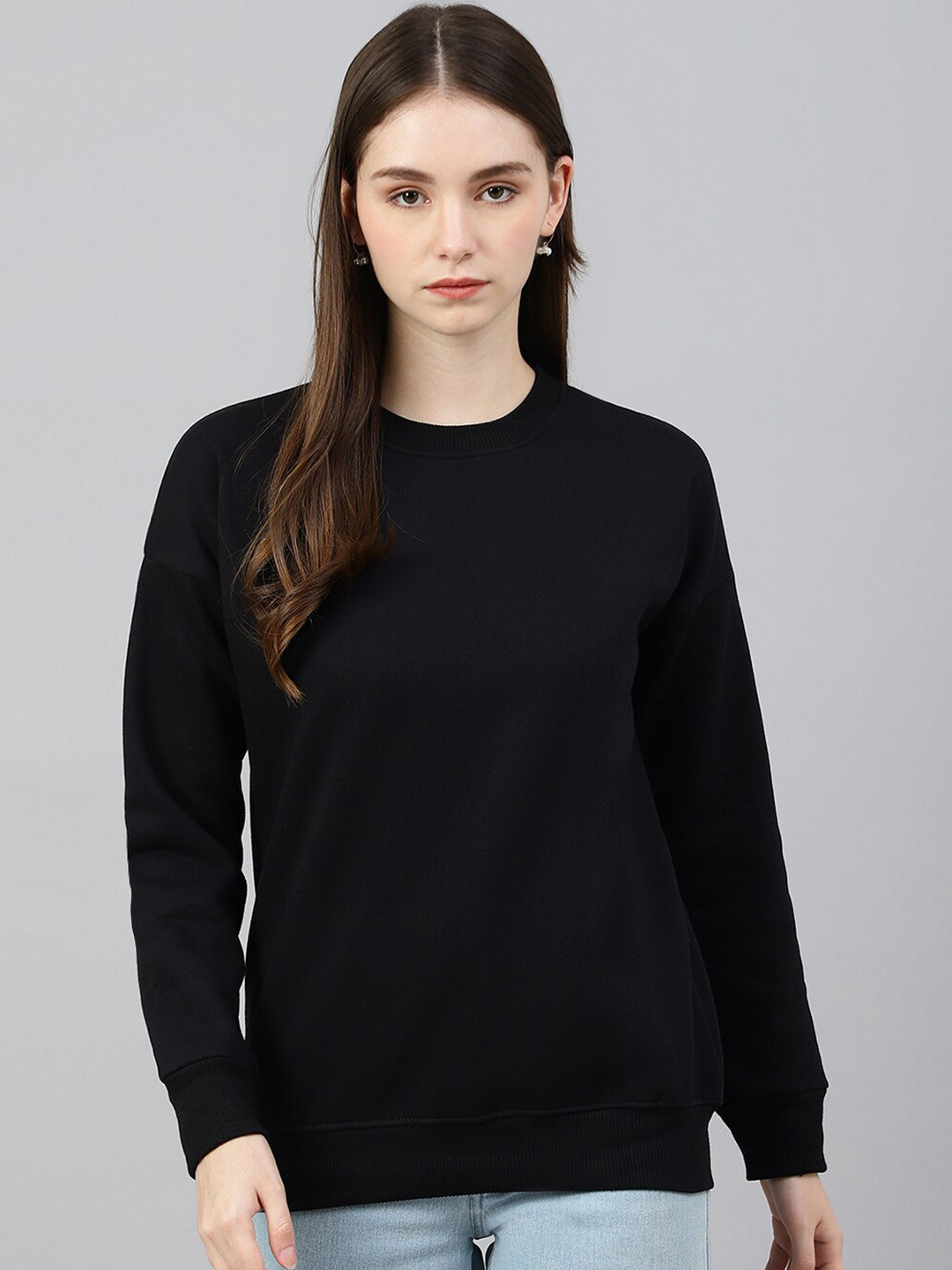 COLOR CAPITAL Women Black Solid Drop Shoulder Sweatshirt
