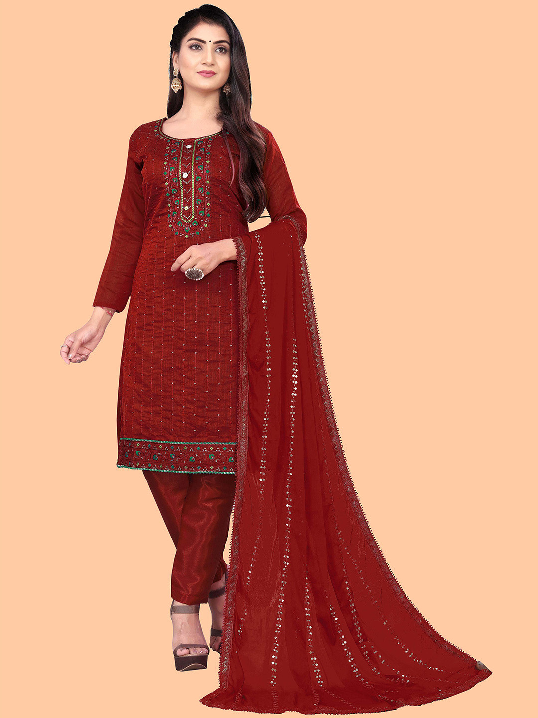 SHADOW & SAINING Women Maroon & Green Embroidered Unstitched Dress Material