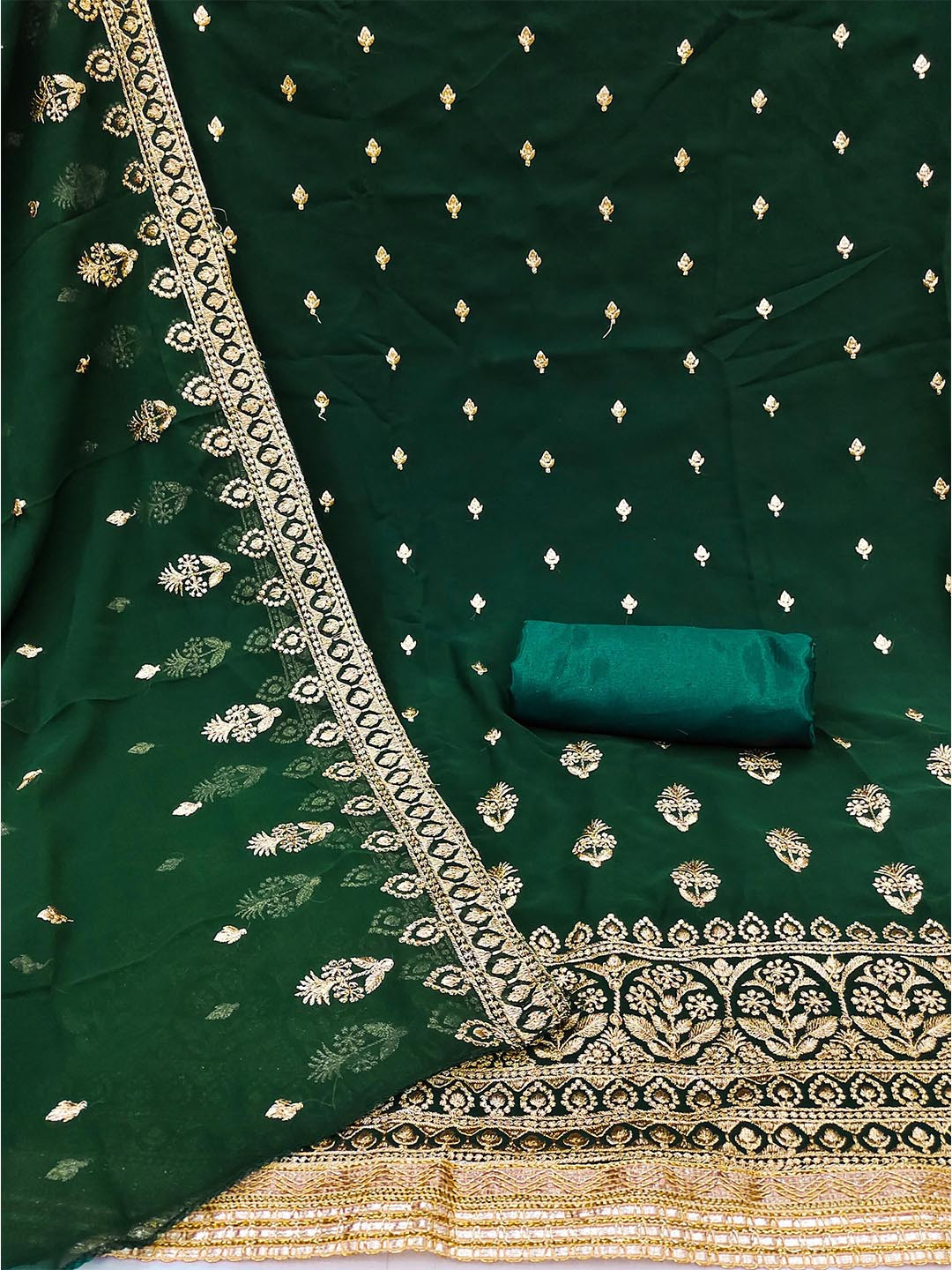 SHADOW & SAINING Green & Gold-Toned Embroidered Silk Georgette Unstitched Dress Material