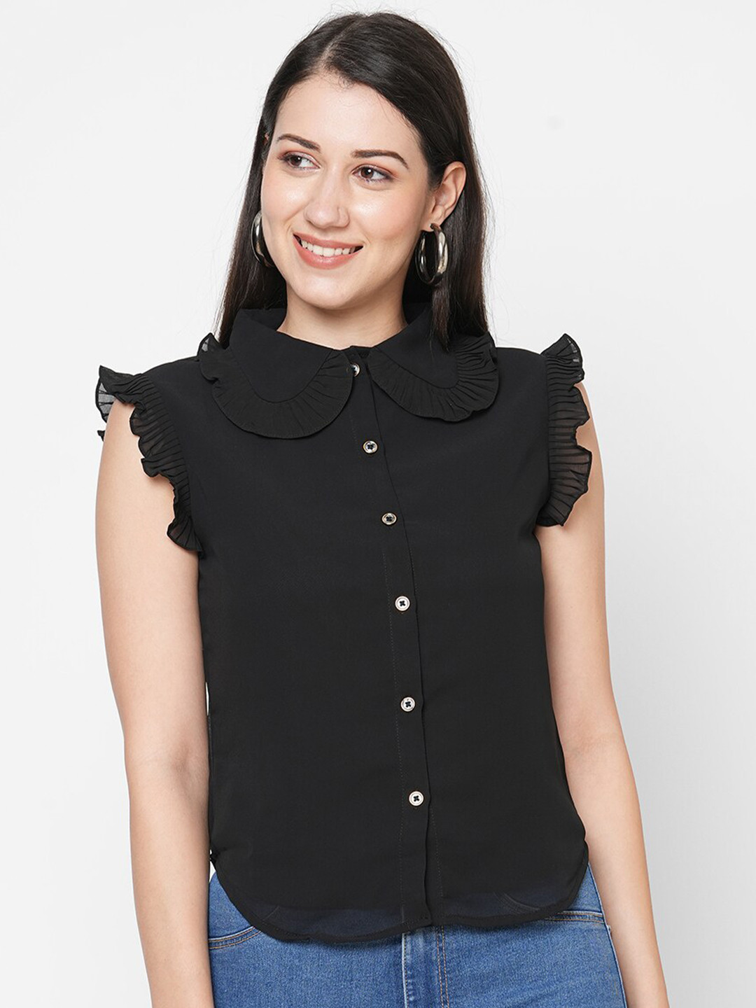 MISH Black Peter Pan Collar Ruffles Georgette Shirt Style Top