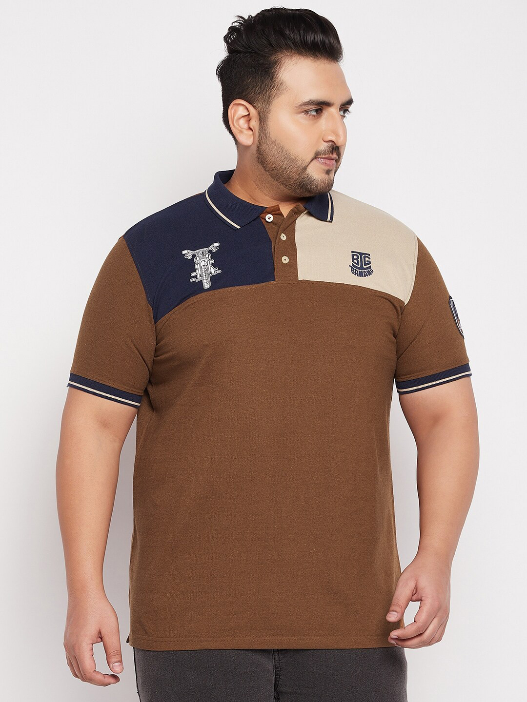 bigbanana Men Plus Size Brown & Navy Blue Colourblocked Polo Collar Pure Cotton T-shirt