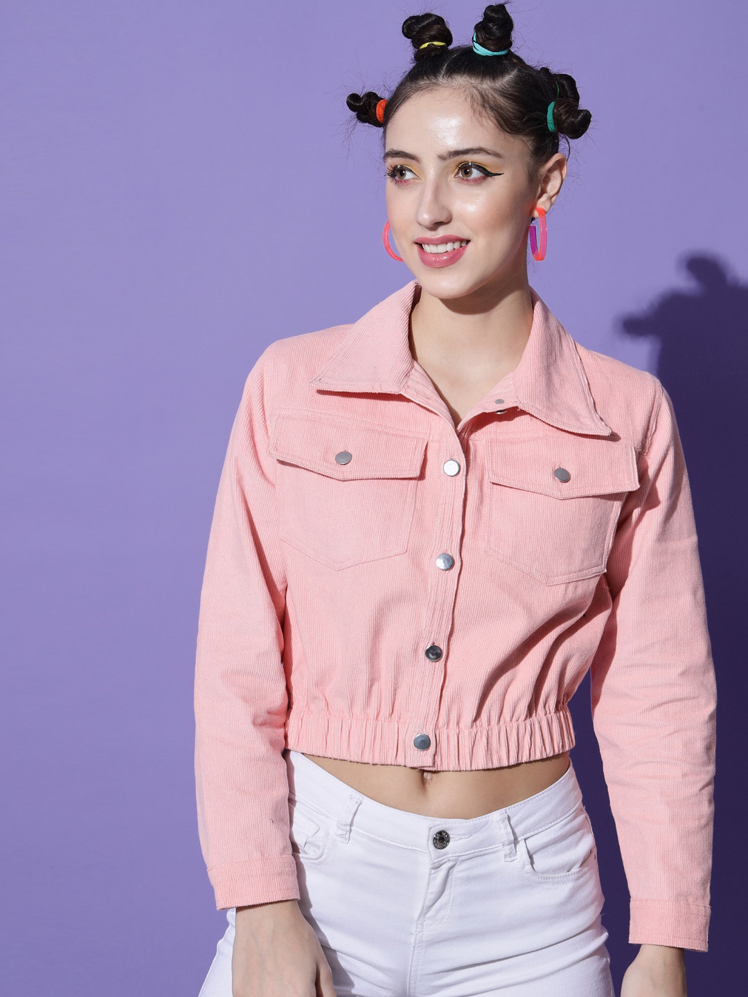 The Dry State Women Pink Corduroy Crop Tailored Jacket