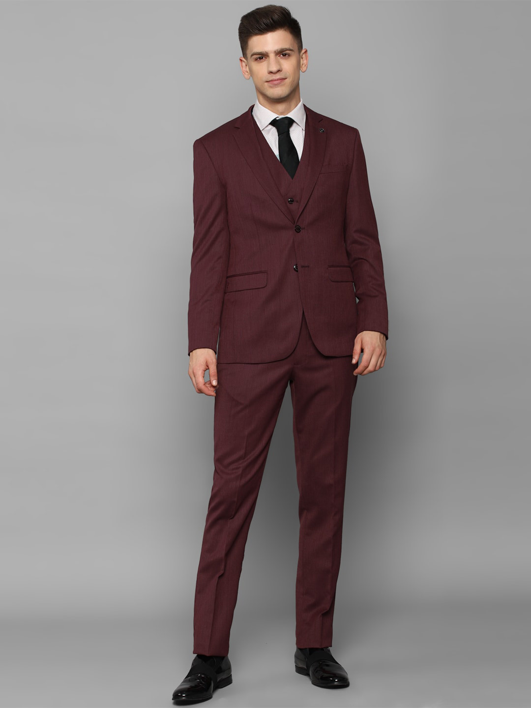 Allen Solly Men Maroon Self Design Single Breasted Slim Fit 3 Piece Formal Suit