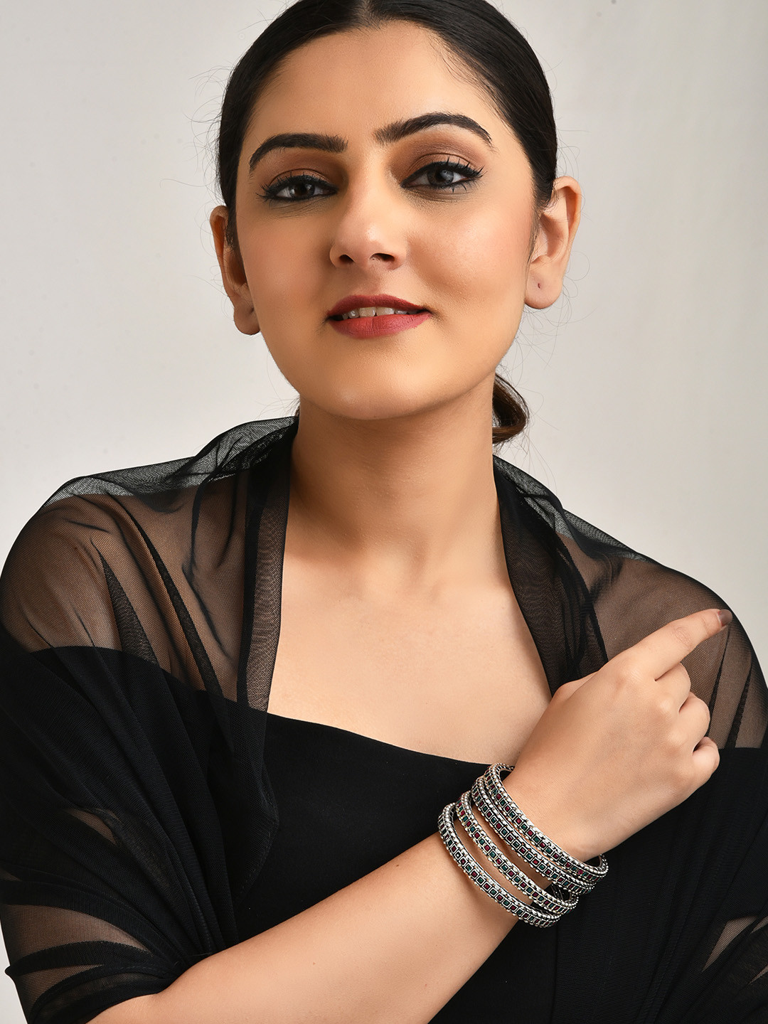 LAIDA Set Of 4 Oxidized Silver-Plated Pink & Green Stone-Studded Bangles