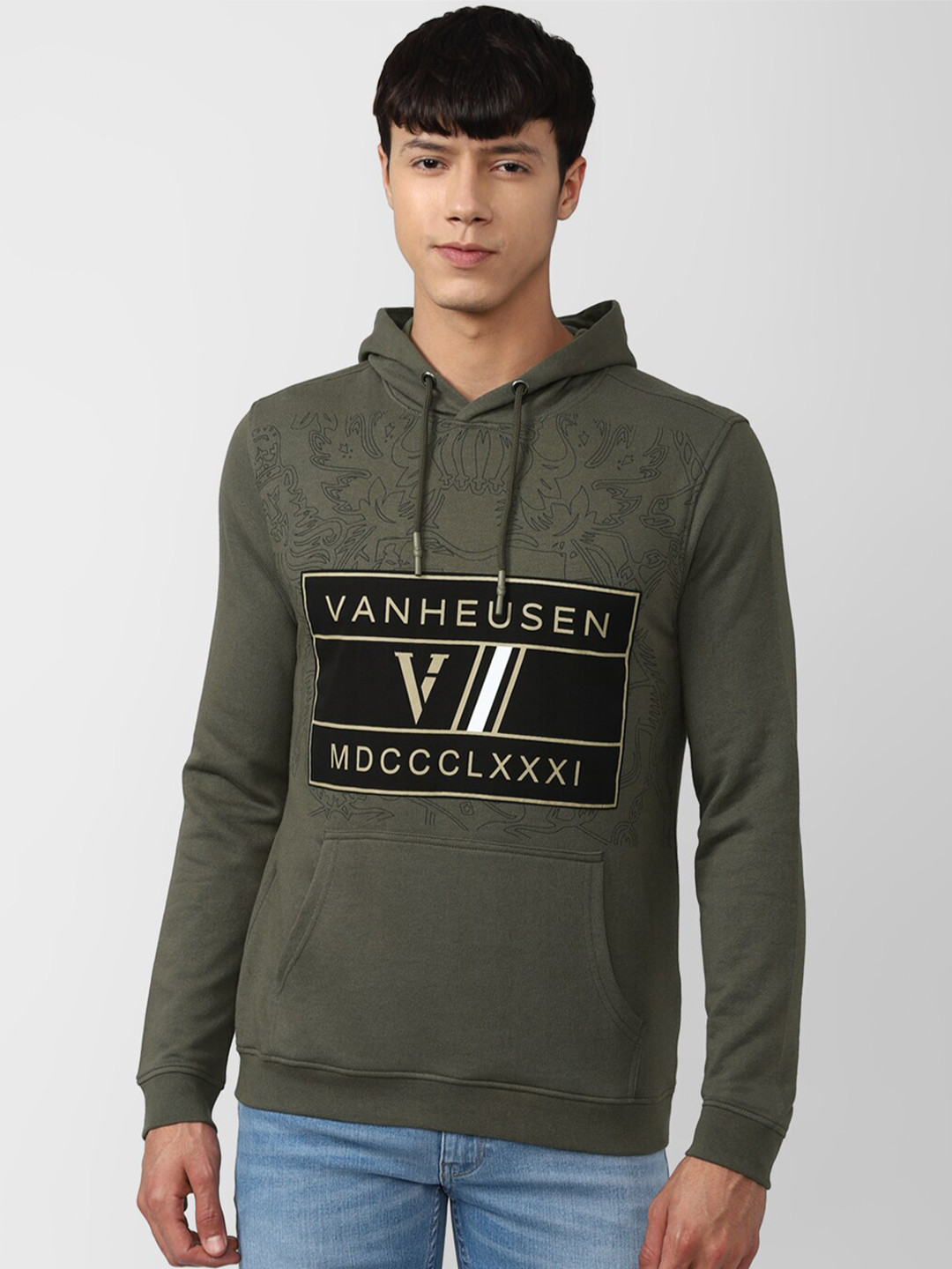 Van Heusen Sport Men Green Printed Hooded Sweatshirt
