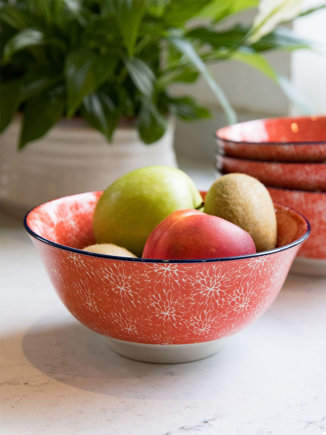 KitchenCraft Red & Navy Blue Printed Dishwasher & Microwave safe Stoneware Matte Bowl