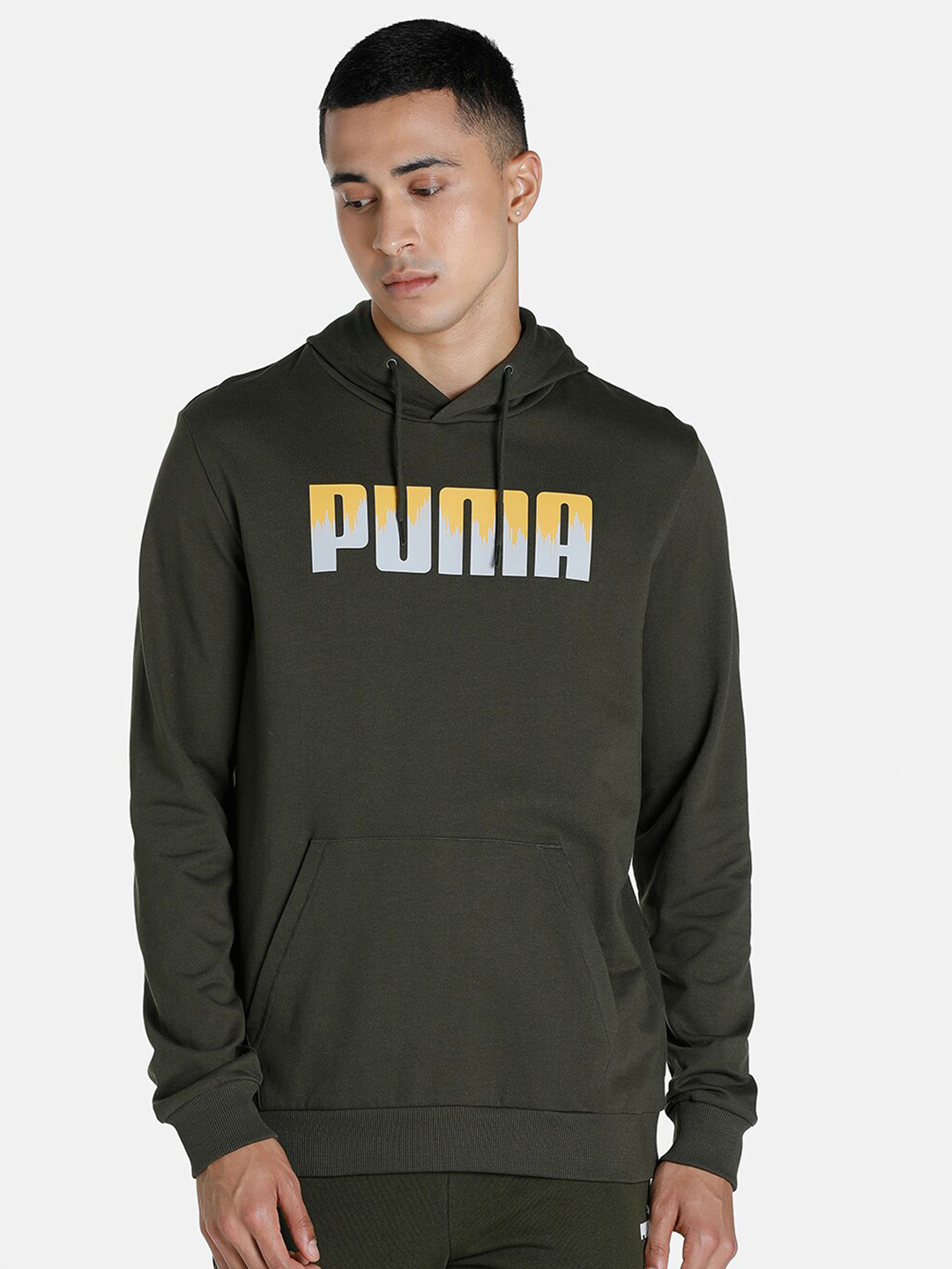 Puma Men Green Printed Cotton Hooded Sweatshirt