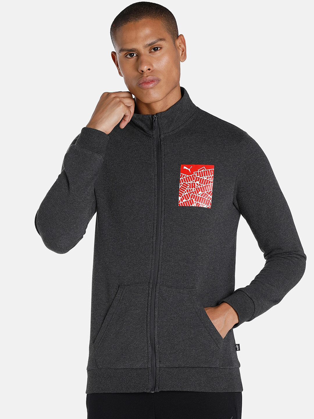 Puma Men Grey Graphic Logo Slim Fit Jacket