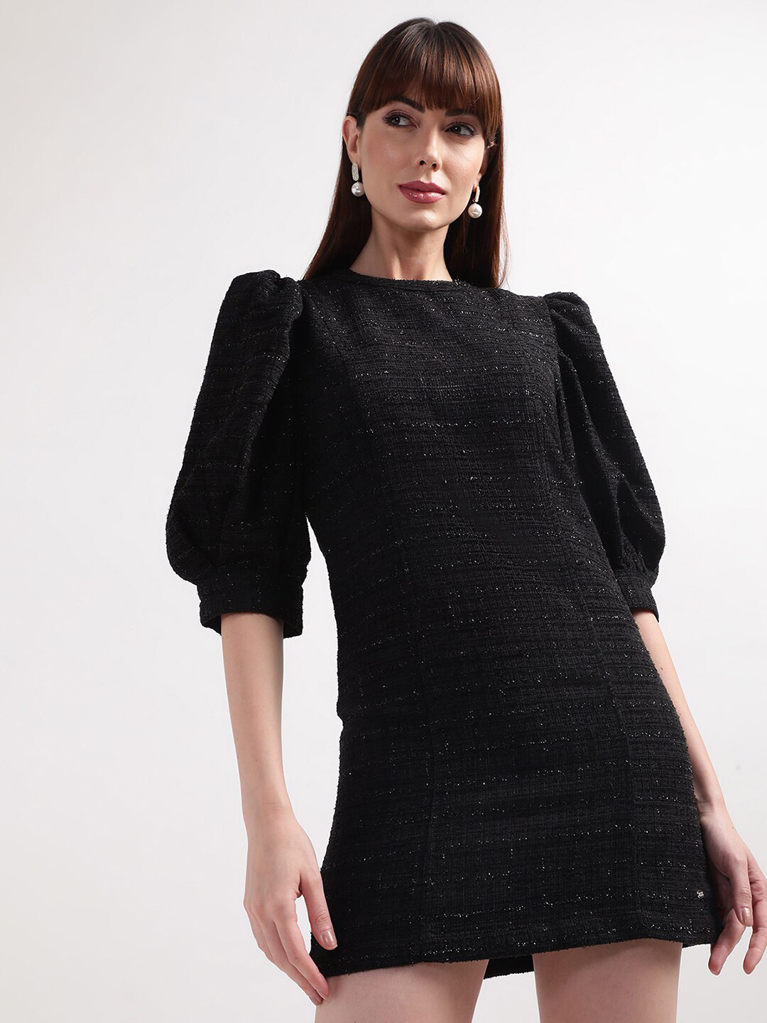 ELLE Women Black Self Design Puff Sleeves Jumper Dress