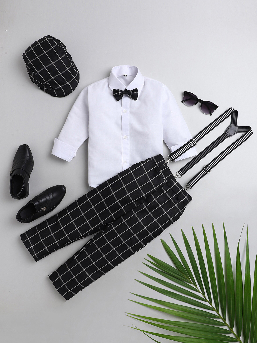 Jeetethnics Boys Black & White Shirt with Trousers & Suspenders
