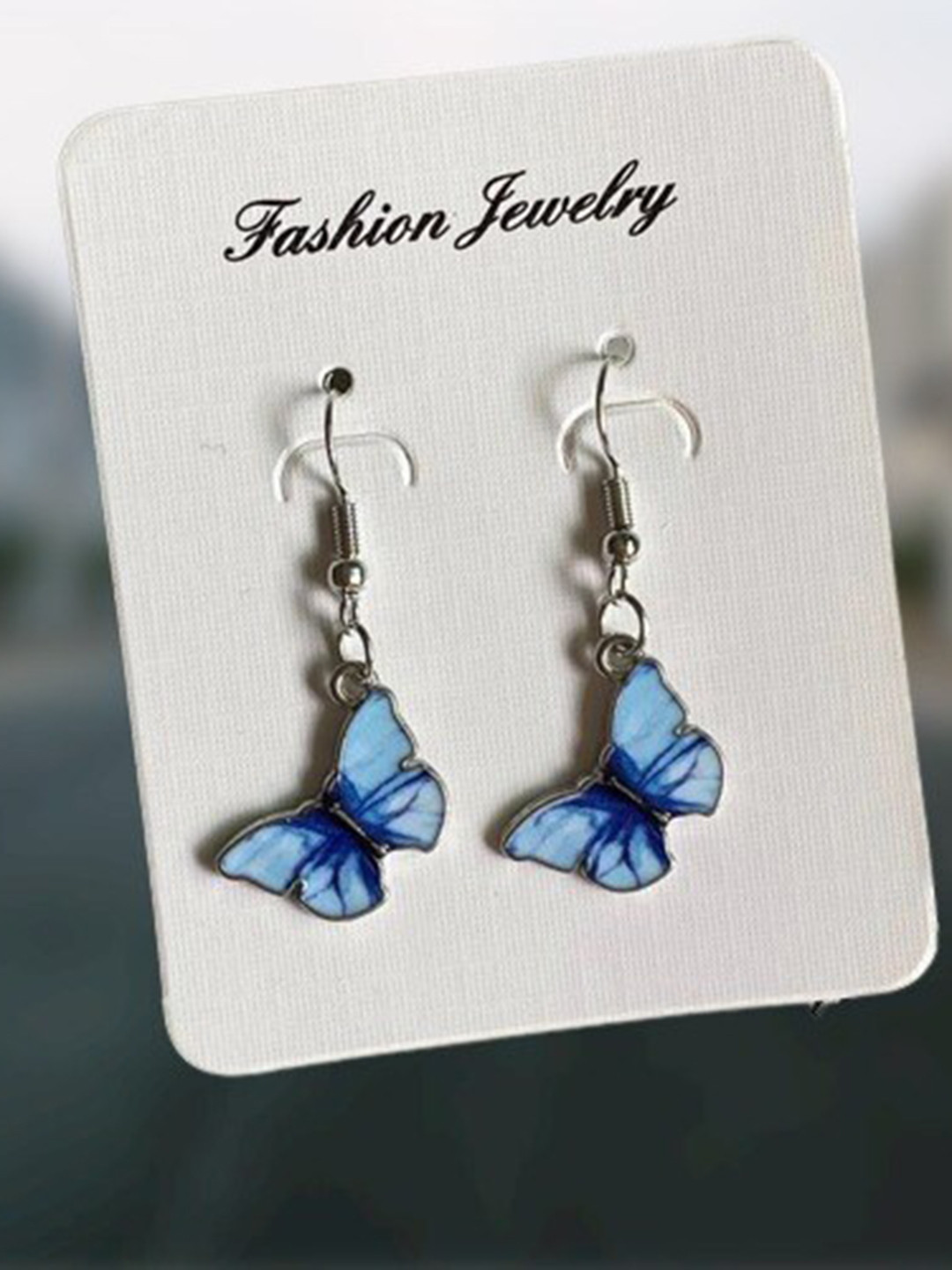 Pinapes Pack Of 2 Silver-Plated Blue & Peach Butter Fly Drop Earrings