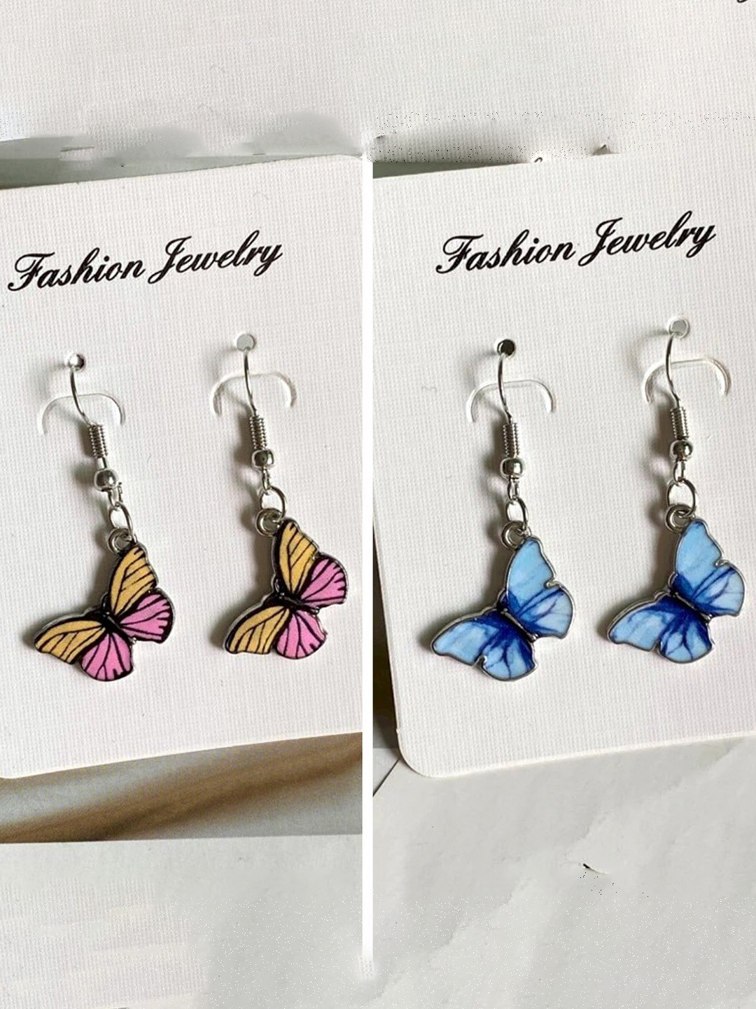 Pinapes Pack Of 2 Silver-Plated Blue & Yellow Butter Fly Drop Earrings