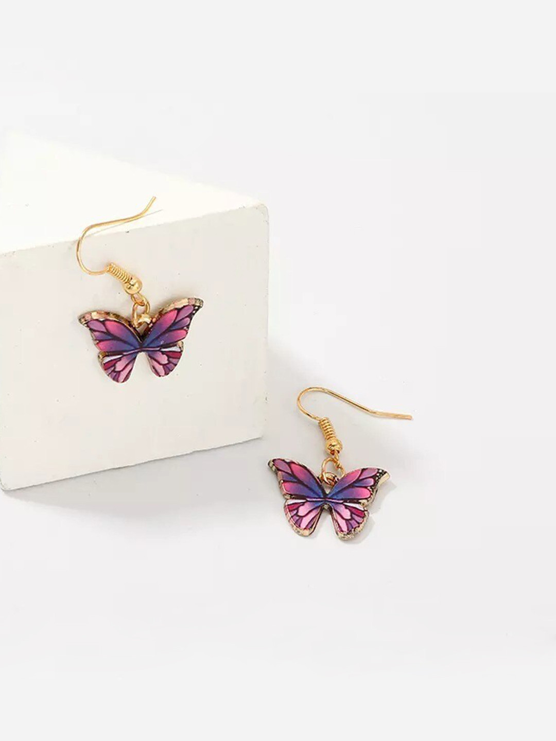 Pinapes Pack Of 2 Gold Plated Pink & Yellow Butter Fly Drop Earrings