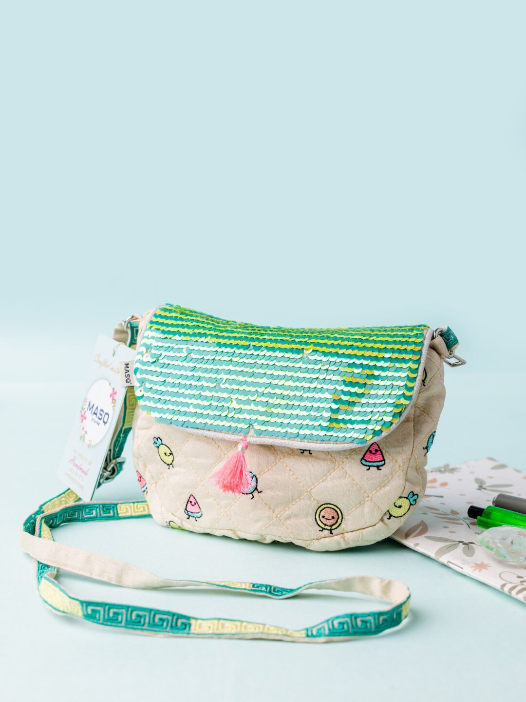 MASQ Green Geometric Printed Half Moon Sling Bag