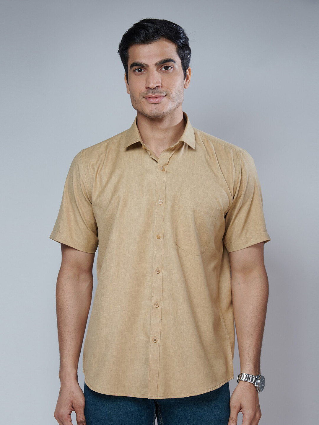 MARK & ALBERT Men Beige Classic Slim Fit Cotton Formal Shirt