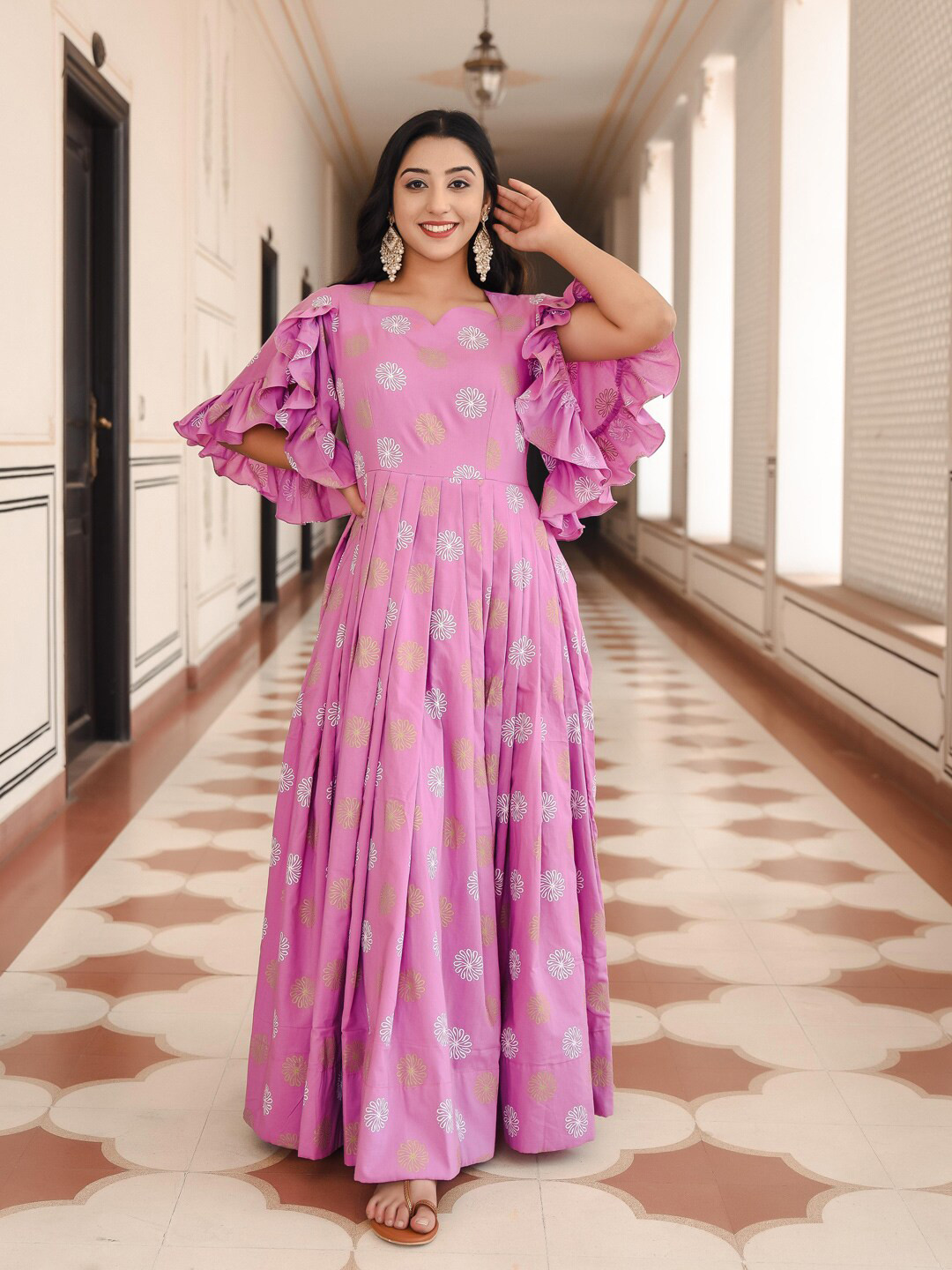 Indian Virasat Purple Floral Cotton Ethnic Maxi Dress