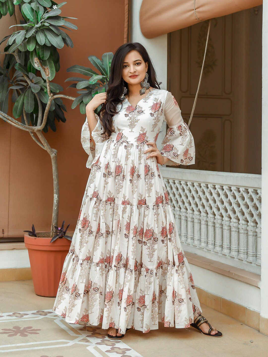 Indian Virasat White & Brown Floral Tiered Cotton Ethnic Maxi Dress
