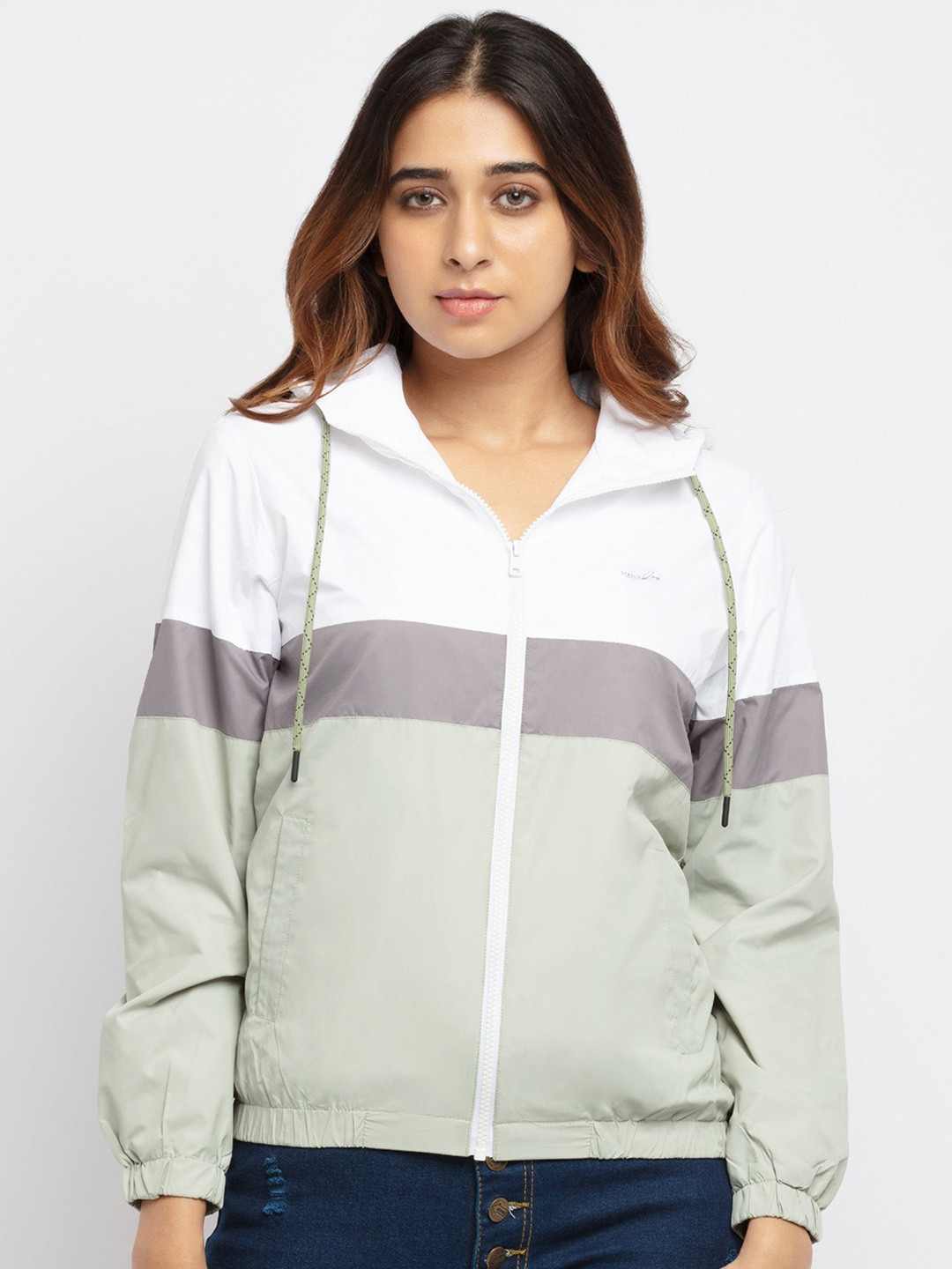 Status Quo Women White & Sea Green Colourblocked Bomber Jacket