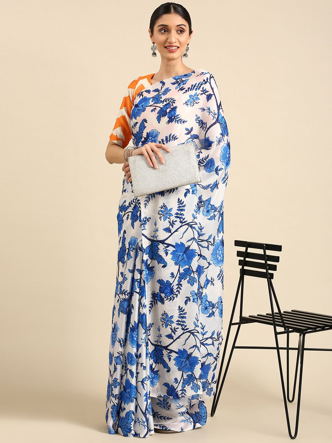 Shaily White & Blue Floral Print Pure Georgette Saree