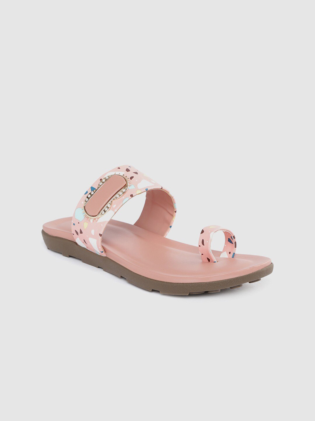 Funku Fashion Women Peach & White Embellished Synthetic One Toe Flats