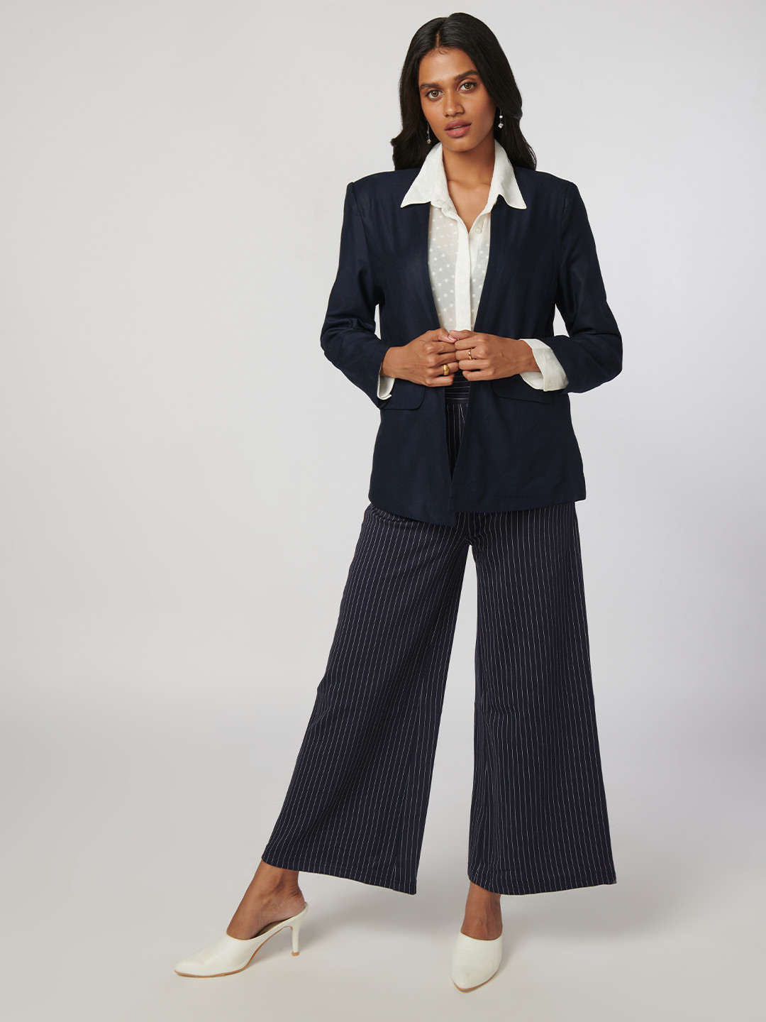 NOT SO PINK Women Navy Blue Solid Open Front Blazers
