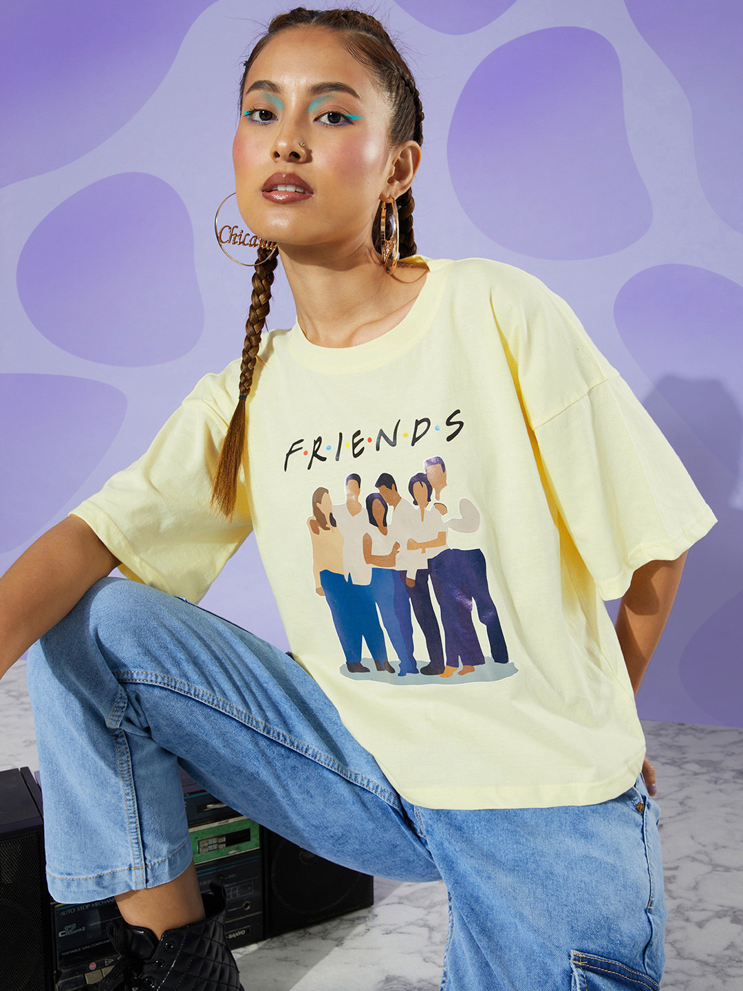 ANVI Be Yourself Women Yellow Friends Printed Pure Cotton Crop Oversized T-shirt