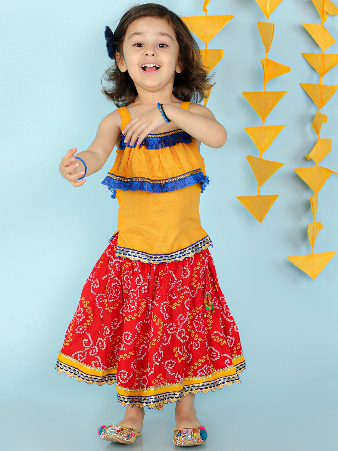 KID1 Girls Yellow & Red Cotton Ready to Wear Lehenga Choli
