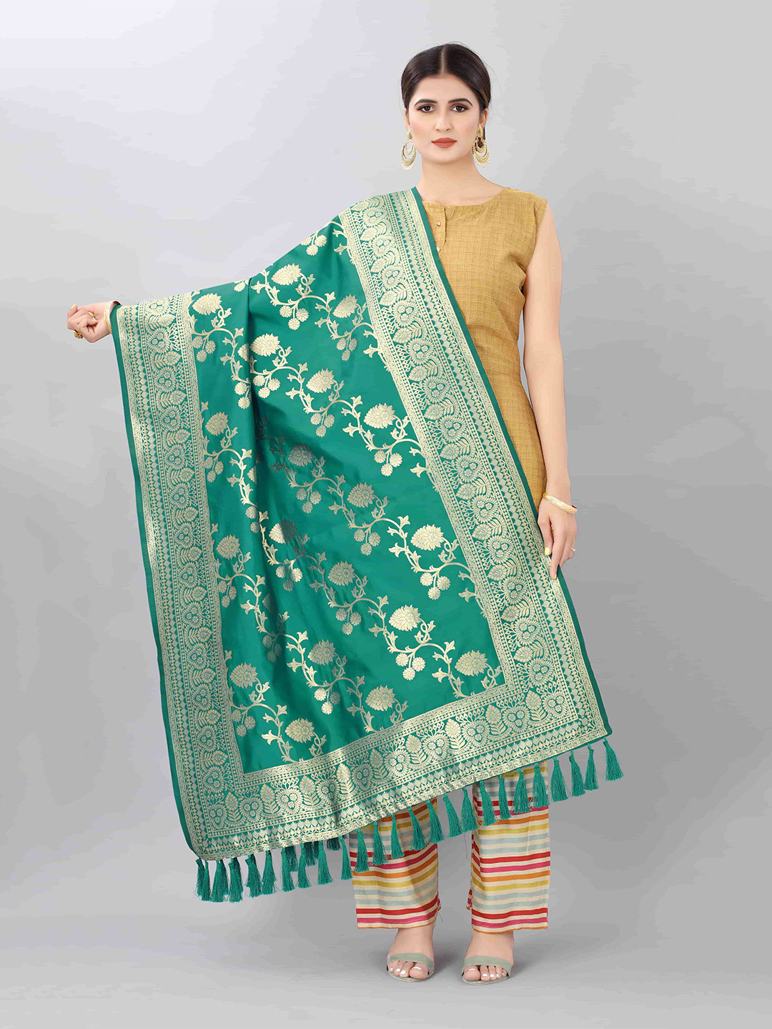 Silk Land Teal Green & Gold-Toned Woven Design Jacquard Banarasi Dupatta with Zari
