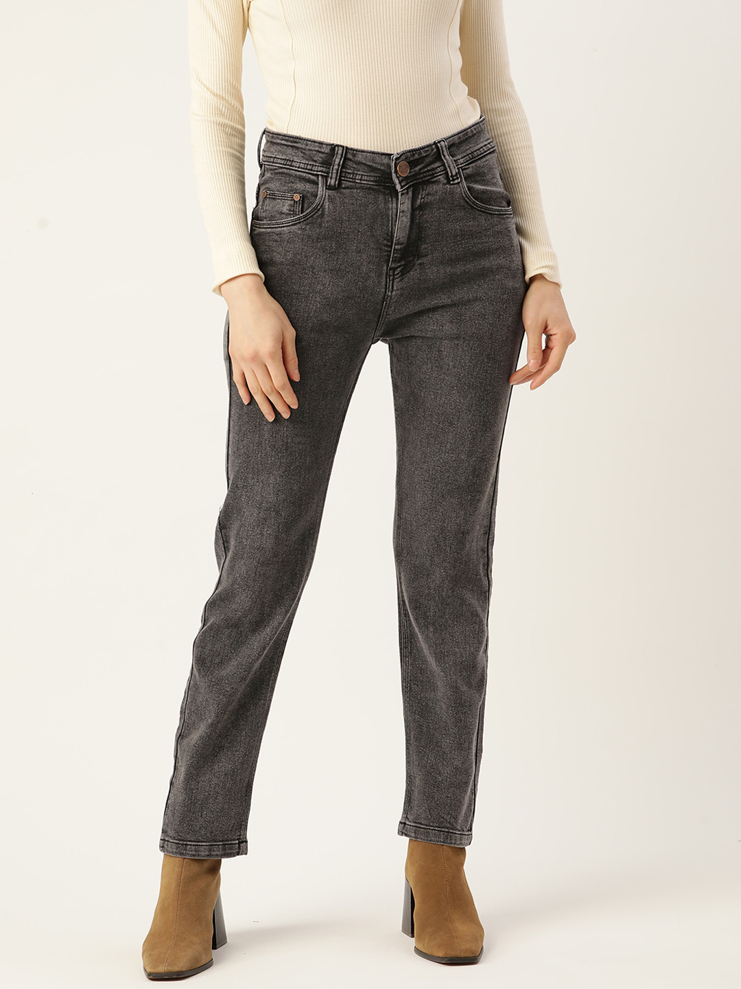 PARIS HAMILTON Women Charcoal Boyfriend Fit High-Rise Stretchable Jeans