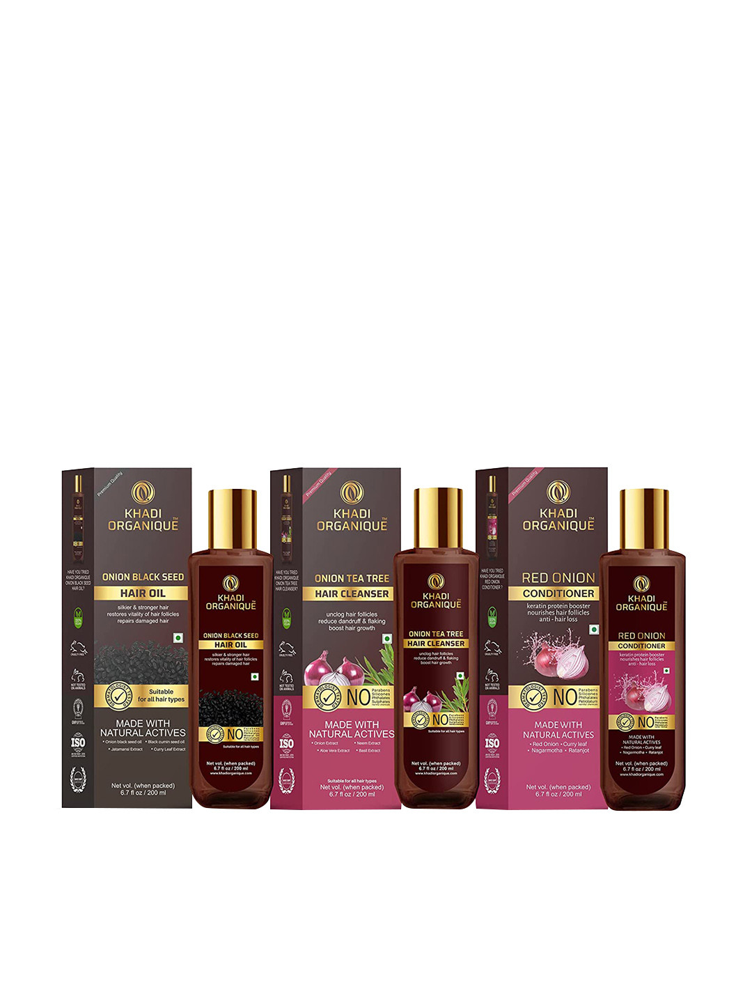 Khadi Organique Hair Conditioner, Onion Black Seed Hair Oil, Tea Tree Hair Shampoo 600 ml