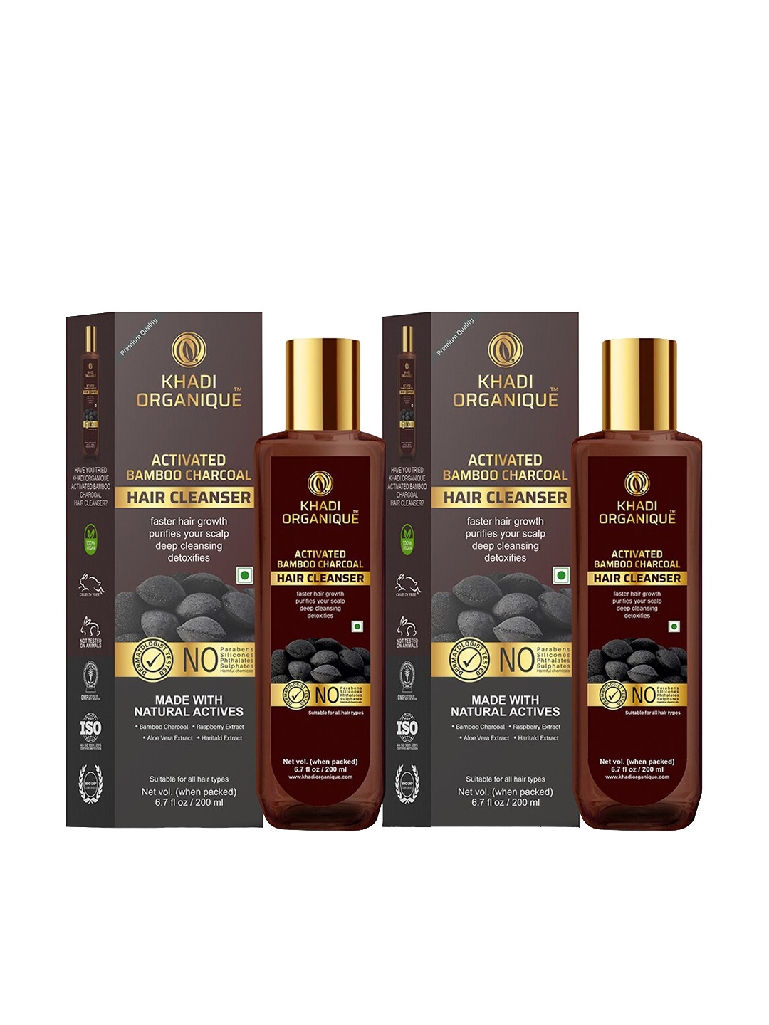 Khadi Organique Set Of 2 Activated Bamboo Charcoal Shampoo For Hair Growth 400ml