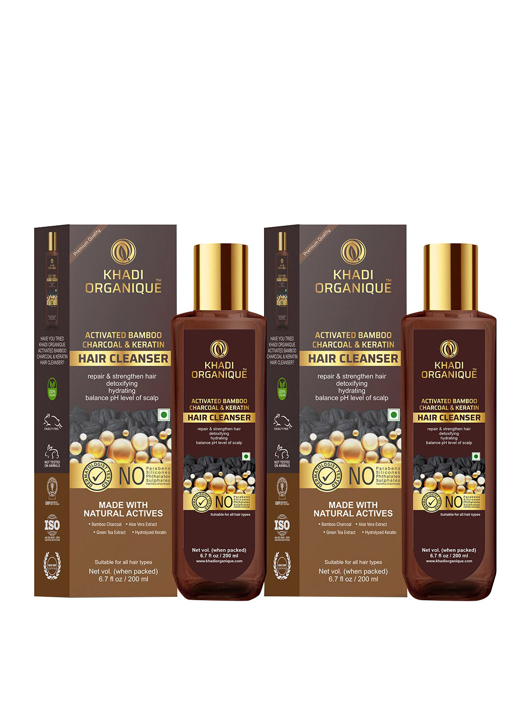 Khadi Organique Set Of 2 Activated Bamboo Charcoal & Keratin Hair Shampoo 200ml each