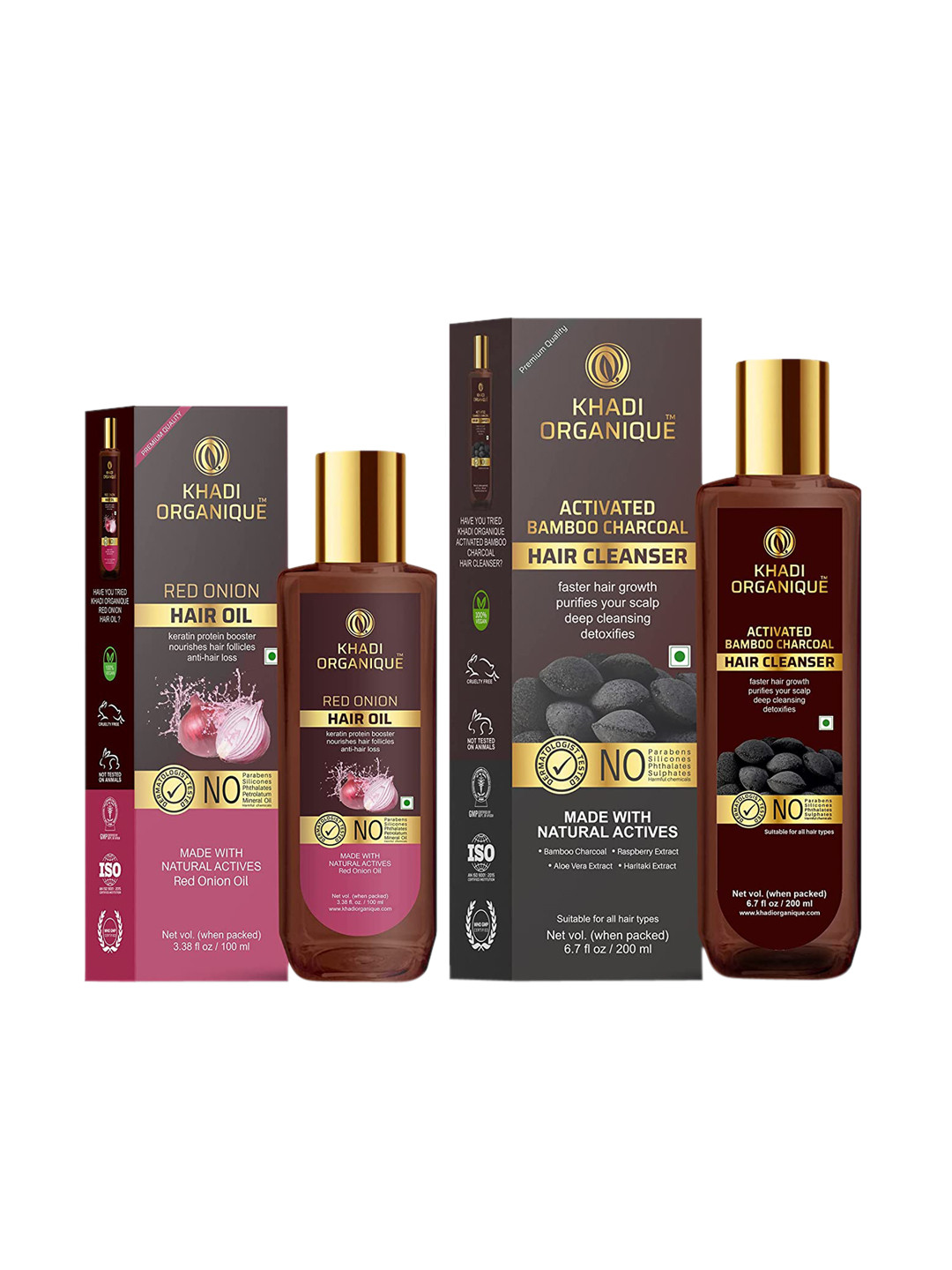 Khadi Organique Pack of 2 Onion Hair Oil and Activated Bamboo Charcoal Shampoo-300ml